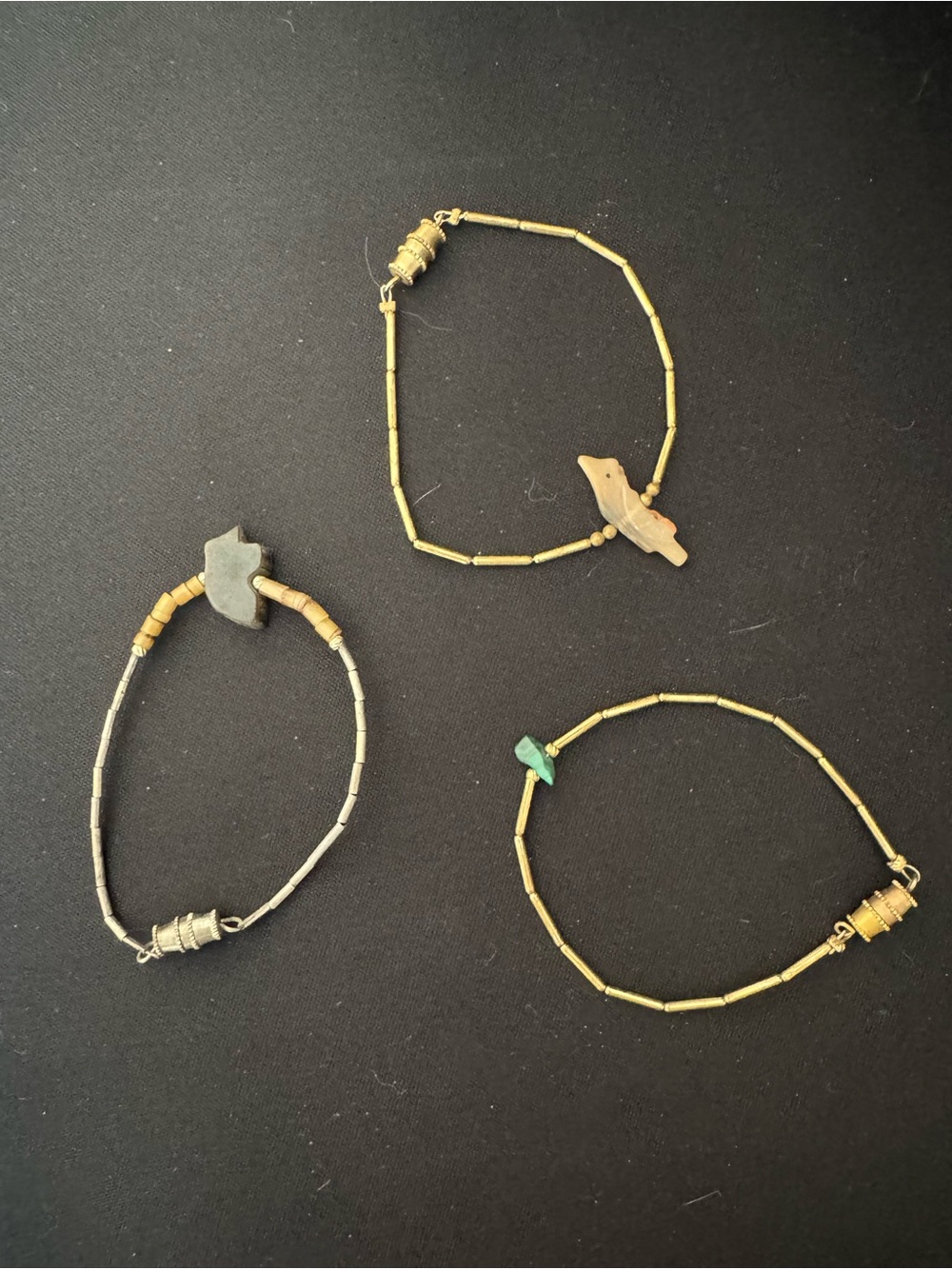 Vintage Carve Bird Charm Beaded Bracelet - Gold Tone Bundle of 3